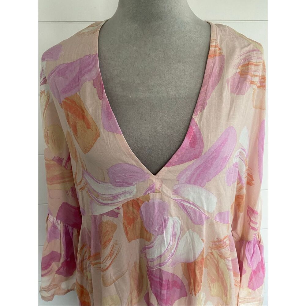 Label Of Love V-Neck Ruffle Bell Sleeve Mini Tunic Dress Short Boho Fairy Medium - Picture 4 of 13